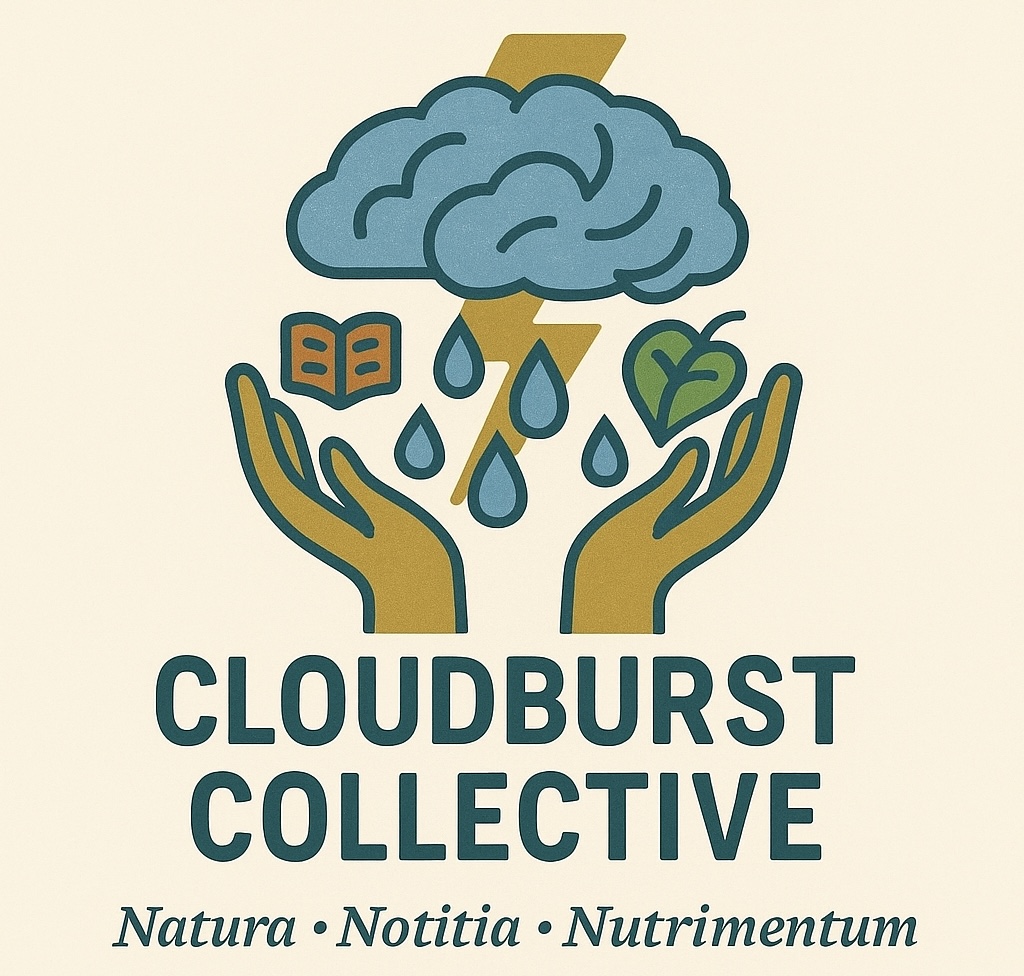 Cloudburst Collective logo - brain-cloud with lightning, water droplets, book, leaf, and cupped hands representing ideas, action, water systems, education, ecology, and youth-led stewardship